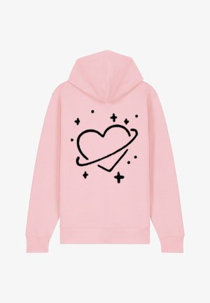 Felpa rosa con un design di cuore nero e un motivo di anelli e stelle sul retro. Tessuto morbido con una vestibilità comoda e cappuccio.