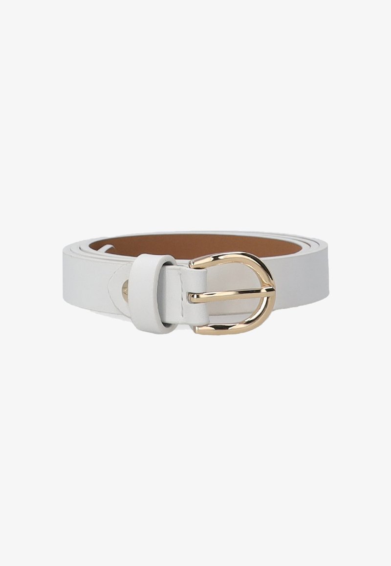 White leather belt with a smooth texture, featuring a rounded gold-tone metal buckle and a leather loop for secure fastening.