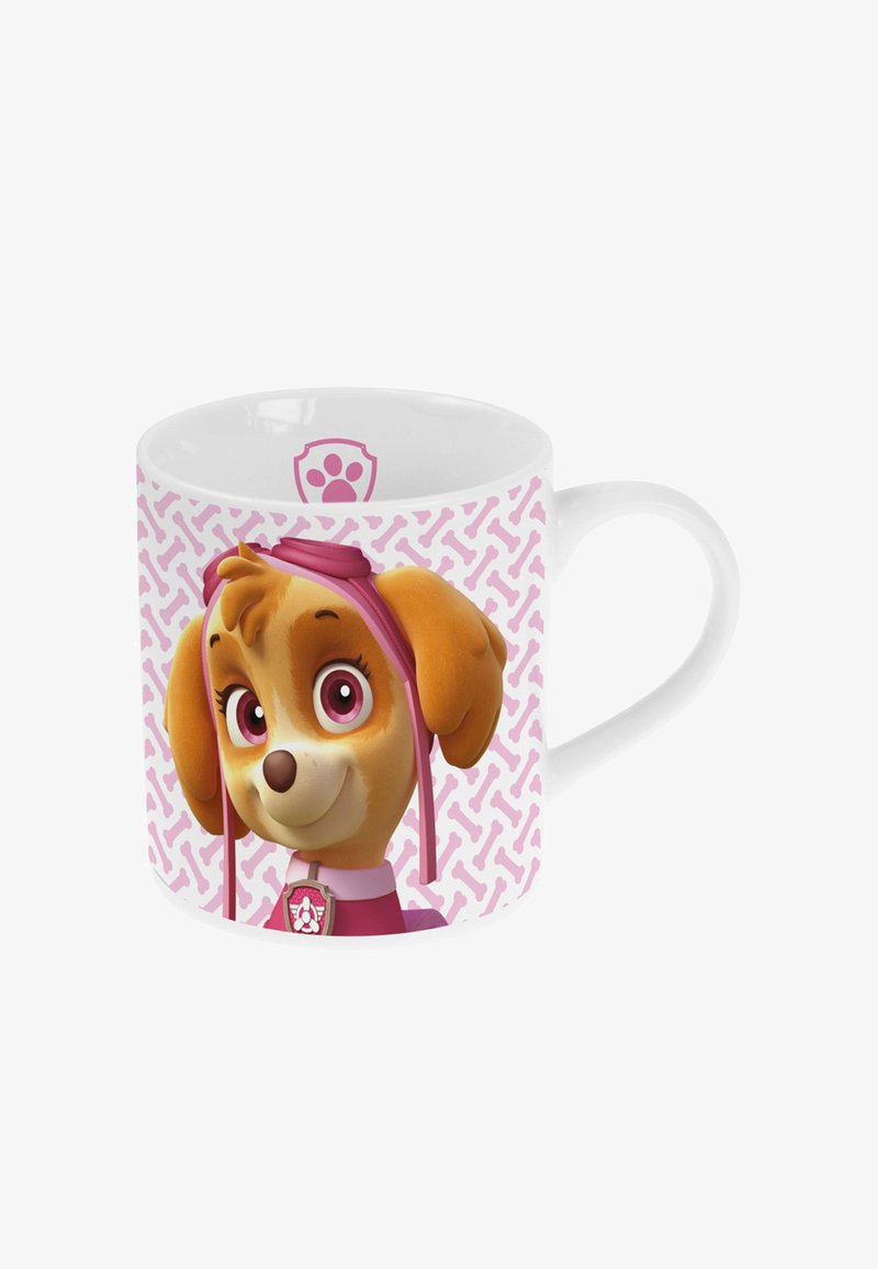 Ceramic mug featuring a cartoon dog with floppy ears, wearing a pink headset, set against a light pink background with bone patterns.