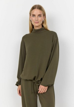 Olive green, long-sleeve top with a high neckline and drawstring detail at the waist. Soft fabric with a smooth texture.