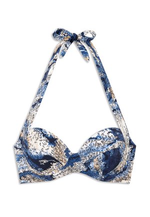 Haut de bikini à motifs bleus, blancs et beiges avec bonnets rembourrés et noué à la nuque par un nœud au dos.