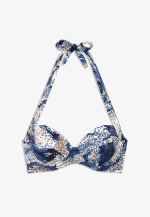 Modrý, biely a béžový vzorovaný horný diel bikín s vypchávkami v košíčkoch a viazaním na krk, ktoré sa zapína mašľou na chrbte.