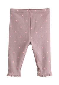 Pehmed, lilla värvusega leggingsid, millel on heleda roosa südamemustriga ja volangidega mansetid. Valmistatud venivast kangast mugavuse tagamiseks. Ühtlase ja siledama tekstuuriga.