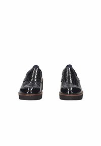 Scarpe in pelle lucidata blu navy con texture a coccodrillo, dotate di tacco basso e design a doppia cinghia. Superficie liscia con suola marrone a contrasto.