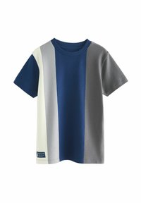 Korte mouwen t-shirt met verticale strepen in marineblauw, lichtgrijs en gebroken wit. Gemaakt van katoen met een ronde halslijn en een labeldetail aan de zoom.