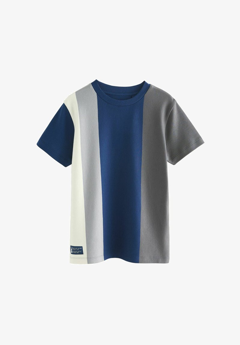 Short-sleeve T-shirt with vertical color blocks in navy, white, blue, and gray, featuring a round neckline and a small label near the hem.