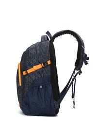 Zaino navy con un motivo geometrico, dettagli arancioni, spallacci imbottiti, schienale in rete e tasca laterale. Tessuto resistente con una forma strutturata.