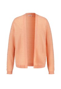 Perzik gebreide cardigan met een open voorkant, lange mouwen, ribgebreide manchetten en een textuurpatroon door het geheel. Lichtgewicht, casual ontwerp.