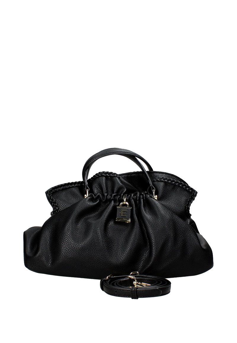 Borsa a mano in pelle nera con un design a cima arricciata, superficie testurizzata, due manici, una tracolla staccabile e un piccolo lucchetto decorativo.