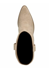 Stivale alla caviglia in suède beige con punta affilata, cuciture decorative sul davanti e cinturino laterale con fibbia. Texture liscia e design elegante.