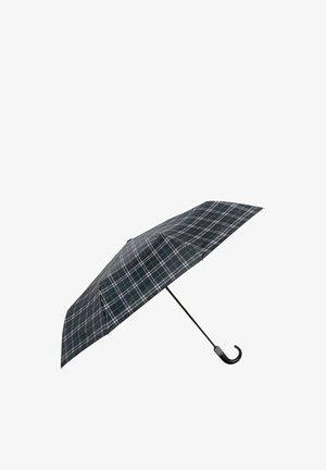 Czarny parasol w biało-czerwony wzór w kratę, z zakrzywioną rączką i otwartym czaszą.