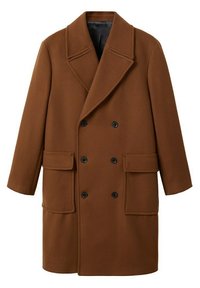 Manteau marron croisé en mélange de laine, avec un col à revers cranté, deux poches avant et des accents de boutons noirs.