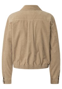 Beige Cordjacke mit Kragen und elastischem Bund, langen Ärmeln und seitlichen Falten für zusätzliche Textur und Form.