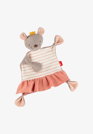 Topolino grigio morbido con una corona gialla, corpo in tessuto rigato beige e bianco, e bordo arricciato rosa, progettato come un copertina per bambini.