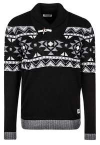 Pull en tricot noir avec col haut, présentant des motifs géométriques blancs et des poignets et ourlet côtelés gris contrastants.