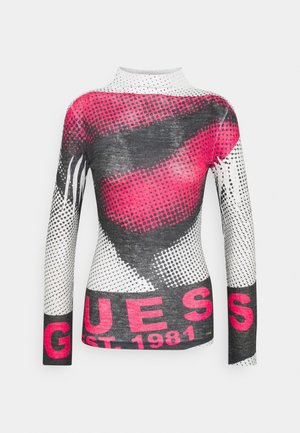 Top met lange mouwen en col, voorzien van een roze en zwarte halftoon lippenprint en de tekst "GUESS EST. 1981" aan de onderkant en op de mouwen.