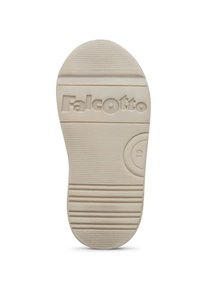 Vitt gummisula med strukturerad yta och logotypen "Falcotto". Kurvig form, med en cirkulär detalj vid hälen och horisontella linjer för grepp.