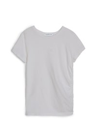Witte katoenen t-shirt met een ronde halslijn, korte mouwen en details van zijkruisen. Heeft een klein geborduurd logo op de borst.
