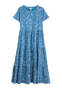 Robe bleue avec motif floral blanc, manches courtes, décolleté en V et jupe à volants. Fabriquée en tissu léger pour le confort.