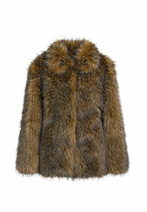 Brązowa kurtka z sztucznego futra z wysokim kołnierzem, miękką teksturą i obszerna sylwetką. Posiada średnią długość i brak widocznych zapięć.