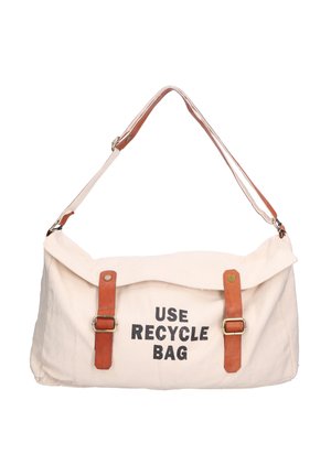 Borsa in tela di colore crema con la scritta "USARE LA BORSA RIUTILIZZABILE" stampata in nero. Presenta manici e dettagli in pelle marrone. Design pieghevole.