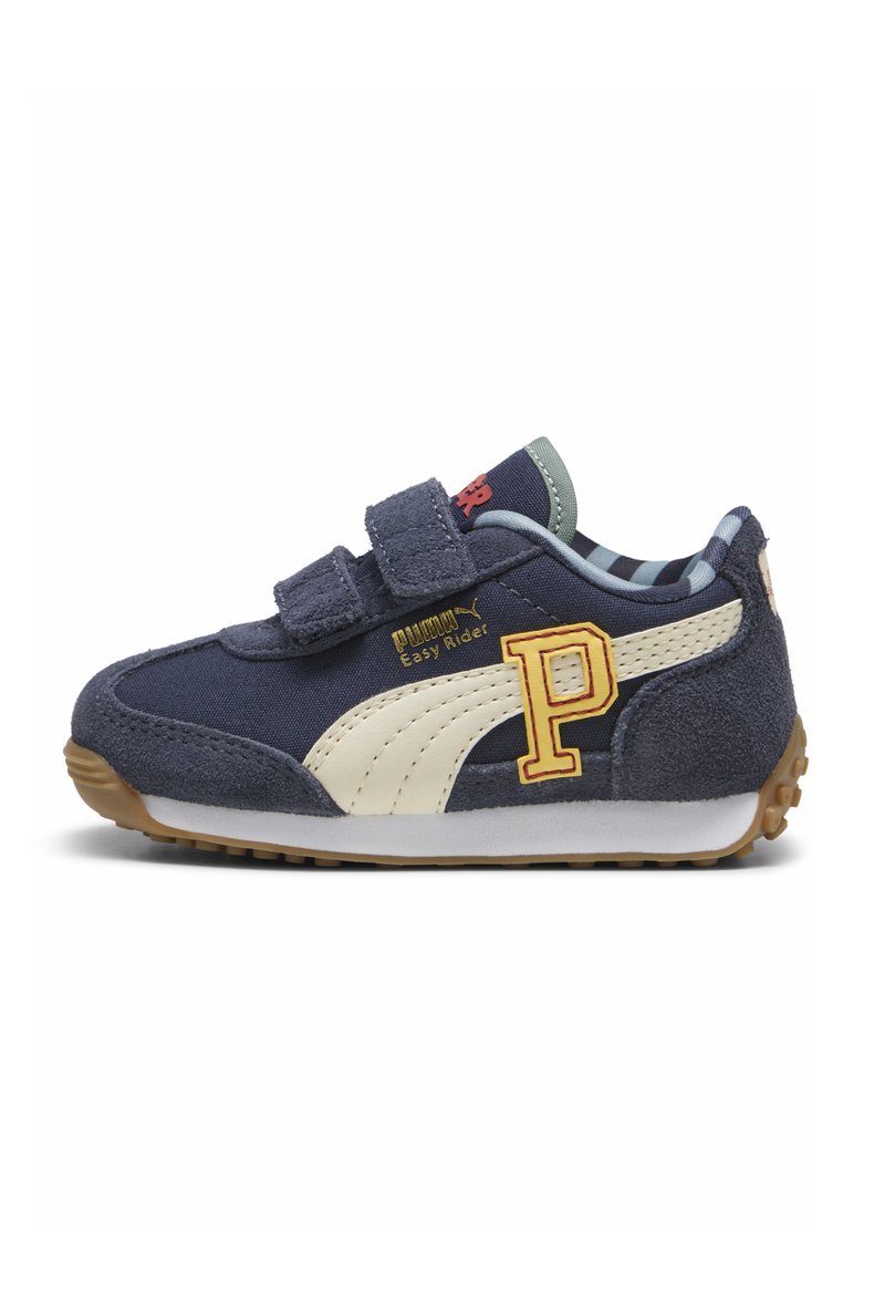 Tumed sinised laste spordijalatsid, kus onnubrilin ja kangas, kreemjas triip, kollane "P" logo, Velcro rihmad ja kummist välistald.