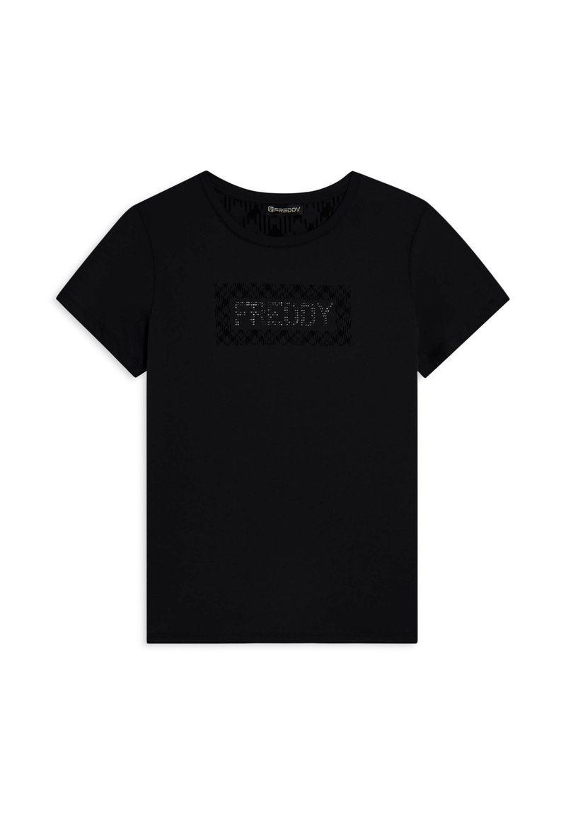 Camiseta de algodón negra con cuello redondo y mangas cortas. Presenta un logotipo rectangular texturizado en negro con un ligero brillo.