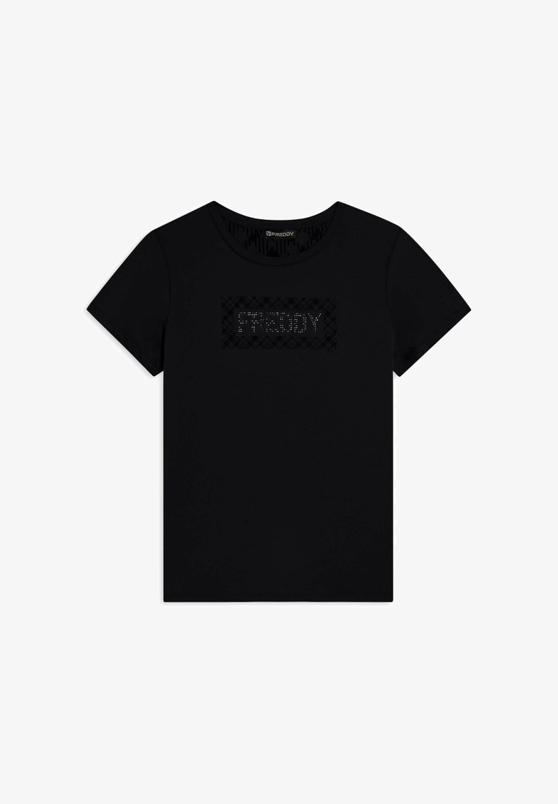 Camiseta de algodón negra con cuello redondo y mangas cortas. Presenta un logotipo rectangular texturizado en negro con un ligero brillo.