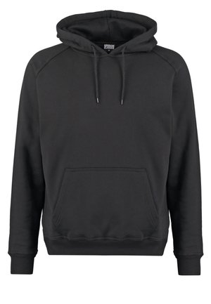 Sweatshirt à capuche noire en tissu doux, doté d'une poche kangourou, de poignets côtelés et de cordons de serrage ajustables à la capuche.