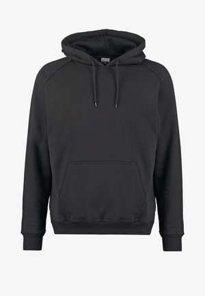 Črna kapuca s kapuco, narejena iz mehkega blaga, z kenguru žepom, rebrastimi manšetami in nastavljivimi vrvicami na kapuci.