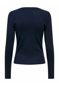 Camiseta de manga larga azul marino hecha de una tela suave y elástica; presenta un diseño ajustado y un cuello redondo, textura suave y sin adornos visibles.