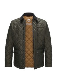 Quilted-Jacke in Dunkelgrün mit brauner Fütterung. Sie hat einen Cordkragen, Fronttaschen und einen Zwei-Wege-Reißverschluss.