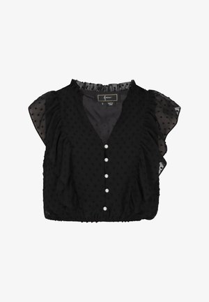 Blusa negra con tela texturizada y mangas abullonadas. Presenta un escote en V y cinco botones de perla en la parte delantera. Detalles fruncidos cerca de los hombros.