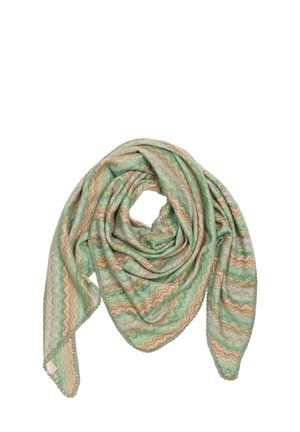 Green and beige zigzag patterned scarf, soft texture, triangular shape, lightweight, draped, with a subtle sheen.