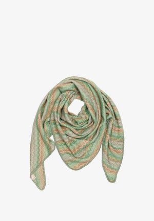 Green and beige zigzag patterned scarf, soft texture, triangular shape, lightweight, draped, with a subtle sheen.