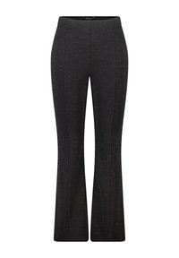 Zwarte uitlopende broek met een subtiele gespikkelde textuur, voorzien van een gladde tailleband en scherpe naden aan de voorkant voor een op maat gemaakte uitstraling.