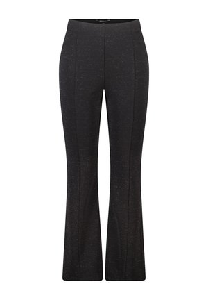 Zwarte uitlopende broek met een subtiele gespikkelde textuur, voorzien van een gladde tailleband en scherpe naden aan de voorkant voor een op maat gemaakte uitstraling.