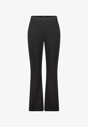 Zwarte uitlopende broek met een subtiele gespikkelde textuur, voorzien van een gladde tailleband en scherpe naden aan de voorkant voor een op maat gemaakte uitstraling.