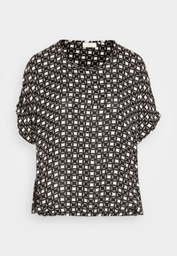 Schwarz-weißes Kurzarmblusenshirt mit Karomuster, rundem Ausschnitt und lässiger Passform. Leichter Stoff mit glatter Textur.