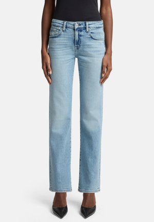 Lichtblauwe denim jeans met een rechte snit, met een knoopsluiting, twee voorkeurs en subtiele vervagingdetails.