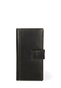 Portafoglio in pelle nera con superficie texture, cuciture in evidenza, forma rettangolare e chiusura a pattina con una piccola fettuccia.