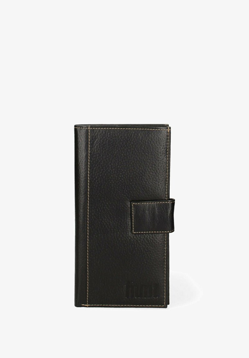 Portafoglio in pelle nera con superficie texture, cuciture in evidenza, forma rettangolare e chiusura a pattina con una piccola fettuccia.