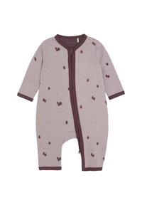 Ljuslila babybodysuit med lång ärm, som har en brun dragkedja och ett mönster av små, färgglada löv.