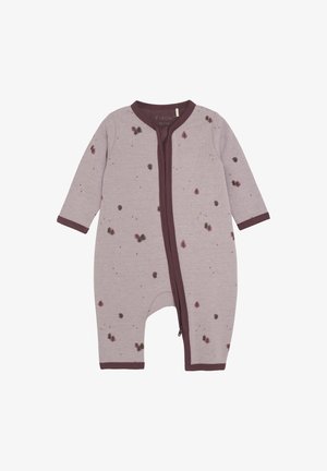 Lichtpaars babypakje met lange mouwen, voorzien van een bruine ritssluiting en een patroon van kleine, kleurrijke bladeren.
