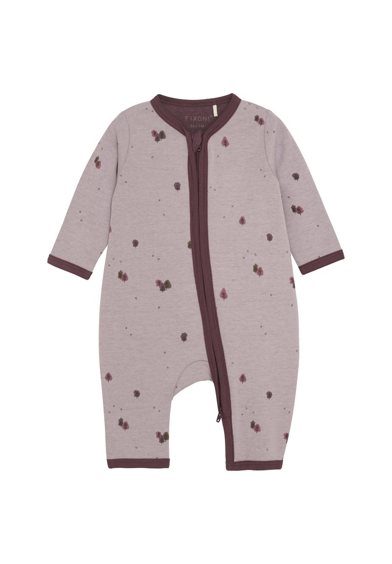 Ljuslila babybodysuit med lång ärm, som har en brun dragkedja och ett mönster av små, färgglada löv.