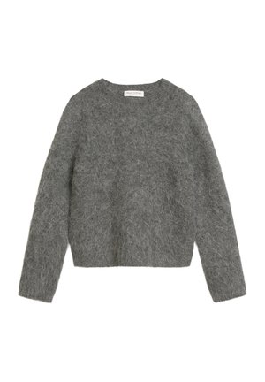 Gray fluffy sweater made of soft fabric, featuring a round neckline and long sleeves. The design is cropped, with no visible patterns or accents.