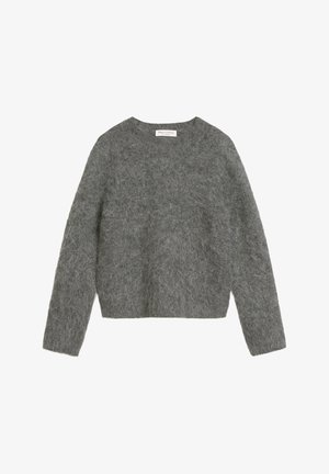 Szary, puszysty sweter wykonany z miękkiego materiału, z okrągłym dekoltem i długimi rękawami. Krój jest krótki, bez widocznych wzorów ani dekoracji.