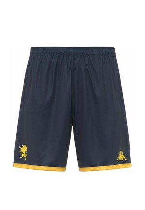 Pantaloncini sportivi blu navy con fascia elastica in vita, rifinitura gialla all'orlo e loghi gialli sulle gambe anteriori sinistra e destra.