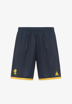 Pantaloncini sportivi blu navy con fascia elastica in vita, rifinitura gialla all'orlo e loghi gialli sulle gambe anteriori sinistra e destra.