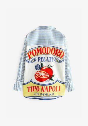 Painikepaita, jossa on sinivalkoiset raidat, ja siinä on suuri graafinen painatus tomaatista sekä teksti. 100 % puuvillakangasta, pitkät hihat, rento istuvuus.